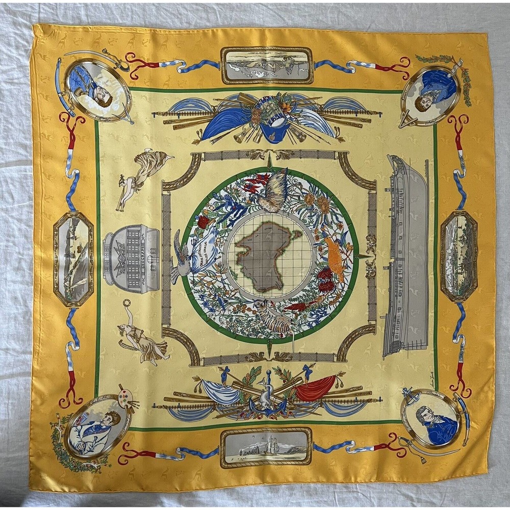 HERMES Silk Scarf LE GEOGRAPHE Carre 90 Sandra Laroche Kangaroo Jacquard w/Box